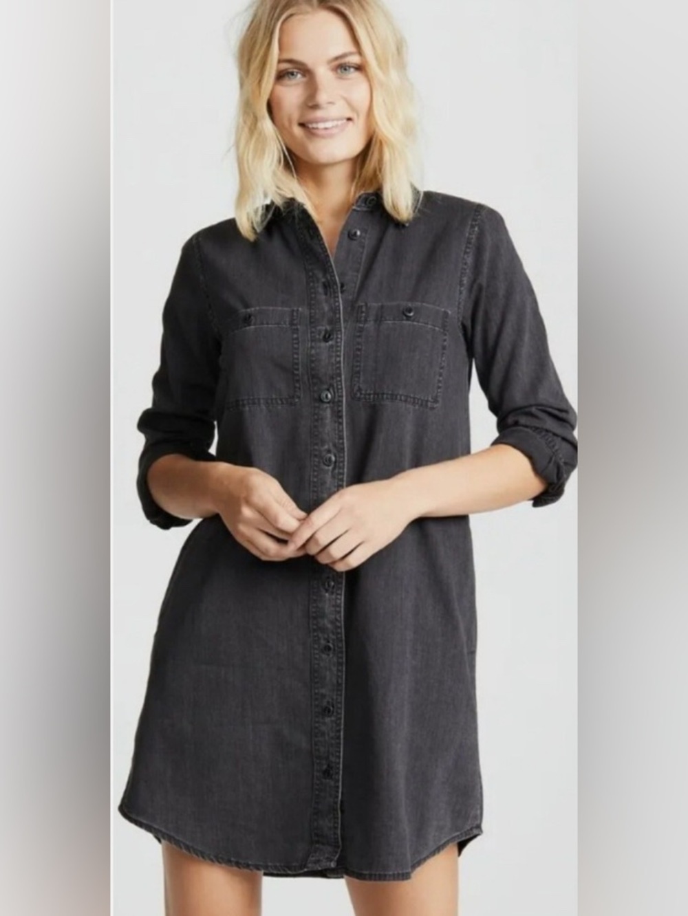 Madewell Black Denim Cotton Wash Button-Front Shirt Dress with Pockets size XS